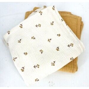 2 Konssy 100% Cotton Muslin Baby Blankets Floral/Ivory and Caramel Brown